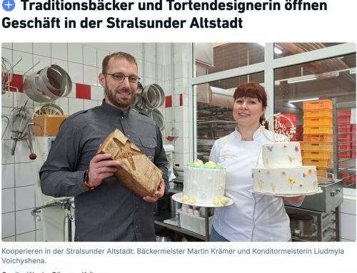 Handwerk trifft Tortenkunst: Martin Krämer und Konditormeisterin Liudmyla Voichyshena eröffnen zusammen ein Geschäft in der Stralsunder Altstadt.